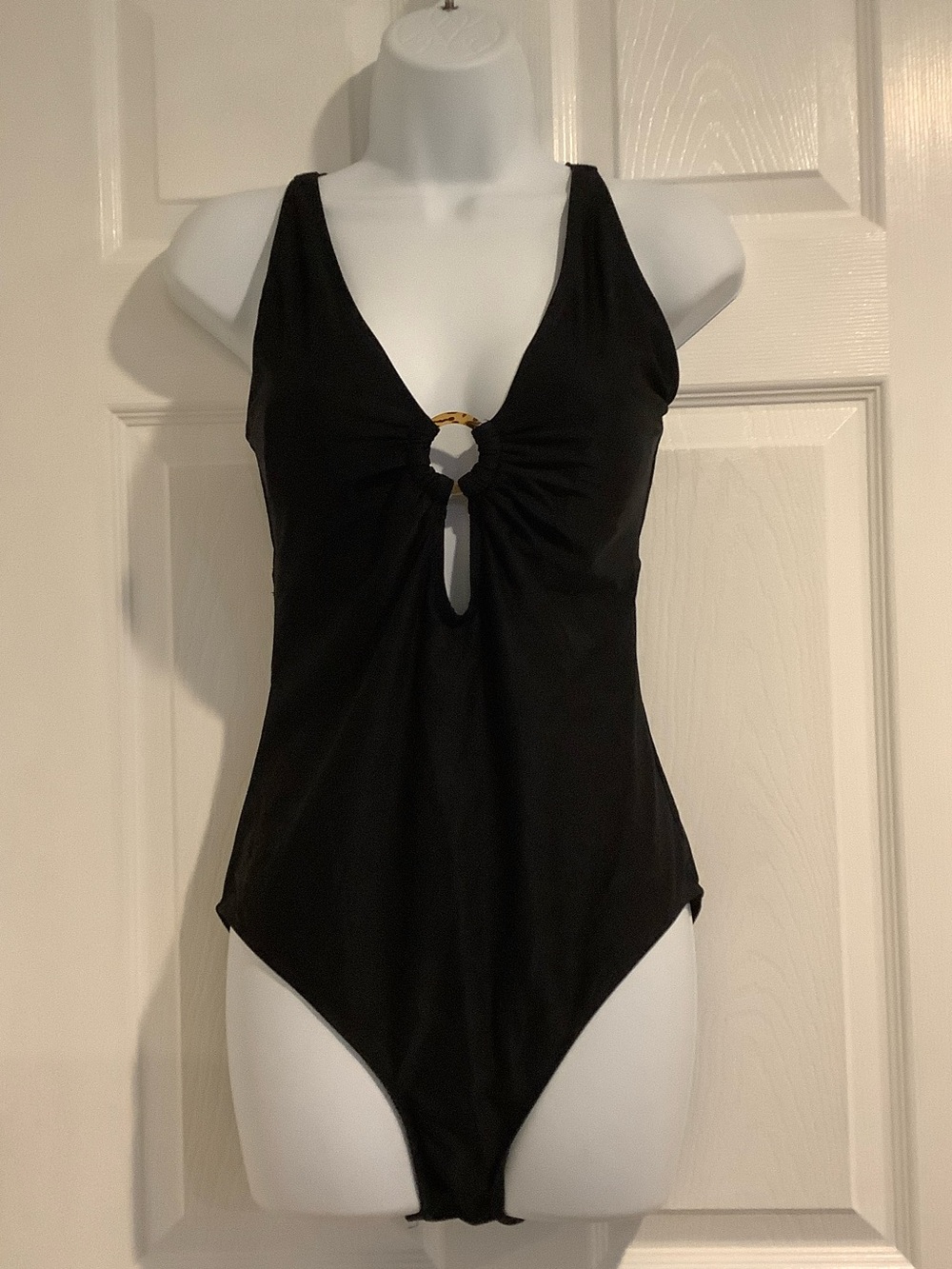 NWT CATHERINE MALANDRINO Black One Piece Deep Ring Front Scoop Back Swimsuit L